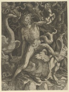 Fury personifierad som en gammal man som rider på ett monster, med en dödskalle i sin vänstra hand, c..., ca.1520-39.