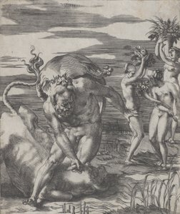 Hercules besegrar flodguden Achelous i form av en tjur, med tre kvinnor t..., ca. 1526-27.