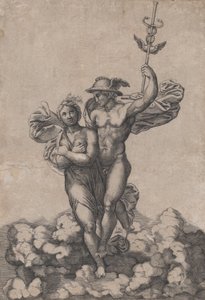 Merkurius bär Psyche till Olympen, efter Rafaels komposition i Villa Farnes..., ca. 1520-39.