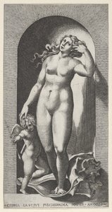 Plåt 10: Venus i en nisch, stående på ett snäckskal, med Amor till höger om henne, från en ser..., 1526.