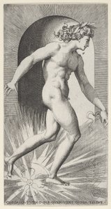 Plåt 11: Apollo åker sin vagn i en nisch, vänd åt höger, från en serie mythologica..., 1526. av Giovanni Jacopo Caraglio