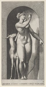 Plåt 12: Diana står i en nisch, vrider sig till vänster och drar en pil ur en qu..., 1526. av Giovanni Jacopo Caraglio