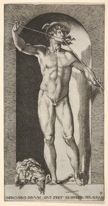 Plåt 14: Merkurius står i en nisch och spelar sina pipor, med det avhuggna huvudet av en gammal m..., 1526.