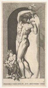 Tallrik 17: Bacchus står i en nisch och håller druvor över en tallrik, åtföljd av en infa..., 1526. av Giovanni Jacopo Caraglio