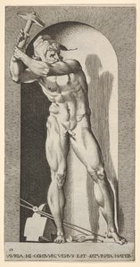 Plåt 19: Vulcan står i en nisch och svingar en hammare, med ett städ, hammare och tång a..., 1526. av Giovanni Jacopo Caraglio