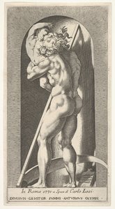 Plåt 1: Saturnus i en nisch som slukar sin son, stående framför en lie, från en serie m..., 1526.