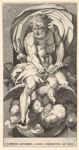 Plåt 3: Jupiter dyker upp ur en nisch, rider på en örn och håller en åskbult i sin l..., 1526.