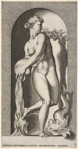Plåt 6: Thetis står i en nisch med ett skal och en havsdjur och häller vatten ur en ..., 1526.