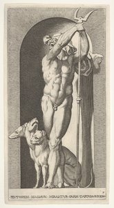 Plåt 7: Pluto i en nisch, med en bident, med Cerberus bredvid sig, från en serie m..., 1526. av Giovanni Jacopo Caraglio