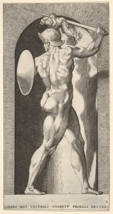 Plåt 9: Mars i en nisch, med ett svärd ovanför huvudet med sin högra arm och en sköld ..., 1526. av Giovanni Jacopo Caraglio