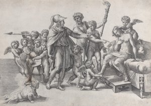 Alexander och Roxanas äktenskap, Alexander omgiven av putti, erbjuder en krona t..., 1520-39. av Giovanni Jacopo Caraglio