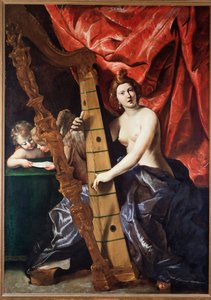 Kvinnamusik som spelar harpa (Allegory of Music). (Målning