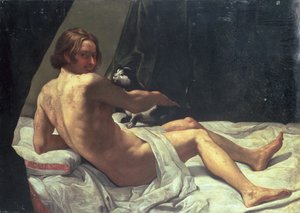Ung man liggande på en säng med en katt, 1620
