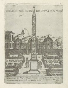 Egyptisk obelisk i trädgården till Villa Medici i Rom Obelisco nel giard.o del ser.mo G. D. Di Tosc.a (titel på objekt) Moderna och antika monument och byggnader i Rom (serietitel) Ornamenti di fabriche antichi et moderni dell