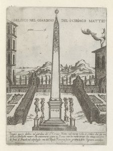 Obelisk i trädgården av Ciriaco Mattei Obelisk i S ciriaco Matteis trädgård (titel på objekt) Moderna och antika monumenten och byggnadsverk i Rom (serietitel) Utsmyckningar av antika och moderna byggnader i Alma-staden Rom (serietitel) av Giovanni Maggi