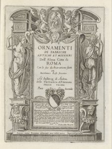Titeltryck med allegoriska figurer och putti Moderna och antika monument och byggnader i Rom (serietitel) Ornamenti di fabriche antichi et moderni dell