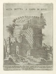 Tombe van Caecilia Metella te Rom Meta som kallas a capo di bove (titel på objekt) Moderna och antika monument och byggnadsverk i Rom (serietitel) Ornament av antika och moderna byggnader i Alma City of Rome (serietitel) av Giovanni Maggi