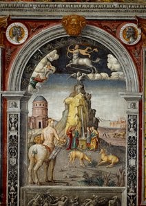 Zodiakens tecken: "" Skytten"" Medaljonger med porträtt av kejsarna Didius Julianus och Commodus. Nedan, legende associerad med födelsen av stjärnbilden som motsvarar tecknet: utsikt över Mount Helicon med fontänerna Aganippe a