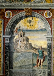 Stjärntecken: "Skorpionen" Medaljonger med porträtt av kejsarna Marc Aurele och Lucius Verus på toppen. Nedan legende med anknytning till födelsen av den konstellation som motsvarar tecknet: en krigare med en falk tittar på en kvinna som är biten av en sko