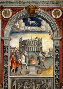 Zodiakens tecken: "" The belier""" Medaljonger med porträtt av Jules Cesar och Augustus. Nedan, legende associerad med födelsen av stjärnbilden som motsvarar tecknet: Caius Mucius Scaevola, införd i fiendens läger etruskiska ki
