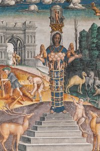 Lejonets astrologiska tecken med Diana, två rådjur och en satyr som på en sarkofag i Bleinhaim Palace; i bakgrunden Arco degli Argentari i Rom och Hercules som kämpar mot det Nemeiska lejonet, Zodiakens kammare (Camera dello Zodiaco), detalj