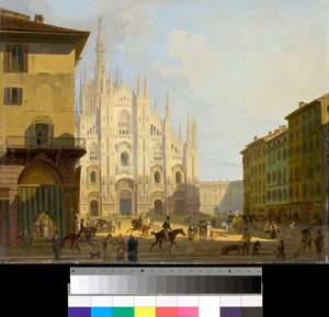 Utsikt över Piazza Duomo i Milano, Italien (Katedraltorget i Milano) Målning av Giovanni Migliara (1785-1837) 1828 Privat samling