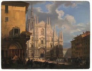 Utsikt över Piazza Duomo med den täckta dei Figini och Isolate del Rebecchino, Milano (olja på panel)