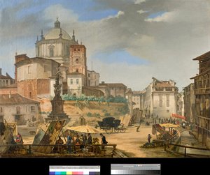 Utsikt över piazza della vetra i Milano, Italien (Vy över piazza della Vetra i Milano) Målning av Giovanni Migliara (1801-1867) 1833 Privat samling