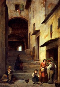 Utsikt över en gata i Sestri Levante, Riviera of Genua, ca 1863, av Giovanni Mochi (1829-1893), olja på duk, 40x30 cm.