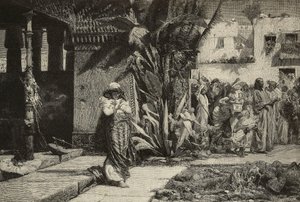 Magdalena, kvinna med turban och procession i by i Mellanöstern, gravyr av bröderna Cantagalli efter målning av Giovanni Muzzioli (1854-1894), Modena, Italien från L
