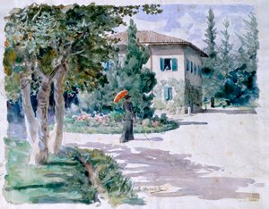 Rött paraply av Giovanni Muzzioli (1854-1894), akvarell på ljust papper, 305x392 mm