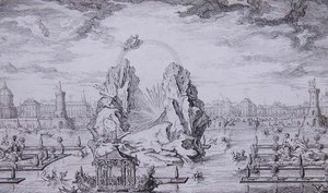 Fyrverkerier för att fira Dauphins födelse (son till Ludvig XV) graverade av Jean Dumont (Le Romain) (1701-81) 1730 (etsning) av Giovanni Niccolo (after) Servandoni