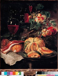 Stilleben Pumpa, bacon, skinka, persikor och vin. Målning av Giovan Paolo Castelli dit Lo Spadino (1659-1730) 1703 Rom, Museum of the Conservatori capitolini av Giovanni Paolo Castelli