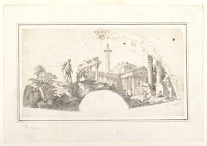 Design for a Fan: Capriccio med romerska ruiner och Farnese Hercules av Giovanni Paolo Panini
