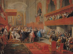 Presentation av den helige Andes orden till prins Vaini av Paul-Hippolyte de Beauvillers (1684-1776) hertig av Saint-Aignan 1732, ca 1752 av Giovanni Paolo Pannini