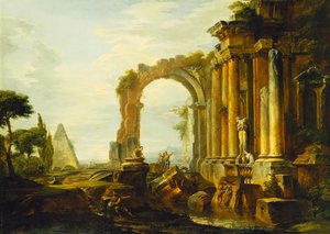 En Capriccio av klassiska ruiner med Cestius-pyramiden och figurer i ett landskap, av Giovanni Paolo Pannini