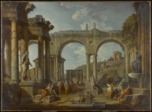 En Capriccio av romerska ruiner med Konstantins båge, c.1755 av Giovanni Paolo Pannini