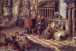 Detalj av interiören av ett imaginärt bildgalleri av Giovanni Paolo Pannini