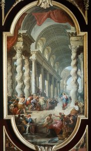 Jesus stenad i templet, av Giovanni Paolo Panini (1691-1765), målning, Palace of La Granja, Segovia, Spanien. av Giovanni Paolo Pannini