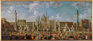 Förberedelser inför fyrverkerierna och dekorationerna inför festligheterna på Piazza Navona i Rom den 30 november...