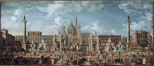 Förberedelser för fyrverkerierna och dekorationerna av festen som ges i Rom för att fira delfinen Louis de Frances födelse (olja på duk av Giovanni Paolo Pannini