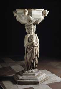 Stoup med en pelare dekorerad med de tre teologiska dygderna och en bassäng dekorerad med byster av de fyra kardinaldygderna, 1200-talet (skulptur) av Giovanni Pisano