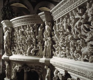 Detalj av stolen realiserad av Giovanni Pisano (1248-1314): Kristusdomaren mellan de utvalda och de fördömda (Detalj av relieferna på marmorpredikstolen, Kristus mellan utvalda och fördömda själar) 1302-1311 Cathedrale of Pisa (Duomo di Pisa), Italien av Giovanni Pisano