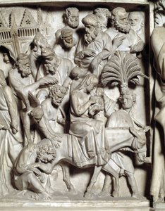 Detalj av relieferna av stolen realiserade av Giovanni Pisano (1248-1314): Detalj av relieferna från marmorpredikstolen, flygning in i Egypten 1302-1311 Cathedrale de Pisa (Duomo di Pisa), Italien av Giovanni Pisano