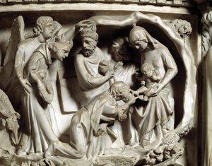 Detalj av relieferna av stolen realiserade av Giovanni Pisano (1248-1314): Detalj av relieferna av marmorpredikstolen, tillbedjan av magi 1302-1311 Cathedrale of Pisa (Duomo di Pisa), Italien av Giovanni Pisano