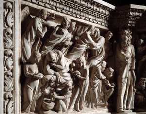 Detalj av relieferna av stolen realiserade av Giovanni Pisano (1248-1314): bebådelsen, besöket och födelsen av Johannes Döparen (Detalj av relieferna från marmorpredikstolen, bebådelse, besök och födelse av Johannes Döparen) 1302 -1311 Cath av Giovanni Pisano