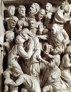 Detalj av relieferna av stolen realiserade av Giovanni Pisano (1248-1314): Judas kyss (Detalj av relieferna på marmorpredikstolen, kyss av Judas) 1302-1311 Cathedrale of Pisa (Duomo di Pisa), Italien