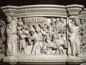 Detalj av relieferna av stolen realiserade av Giovanni Pisano (1248-1314): presentationen av Jesus vid templet och flykten till Egypten (Detalj av relieferna från marmorpredikstolen) 1302-1311 Cathedrale of Pisa (Duomo di Pisa) , Italien av Giovanni Pisano