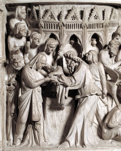 Detalj av relieferna av stolen realiserade av Giovanni Pisano (1248-1314): presentationen av Jesus vid templet (Detalj av relieferna från marmorpredikstolen) 1302-1311 Cathedrale of Pisa (Duomo di Pisa), Italien av Giovanni Pisano
