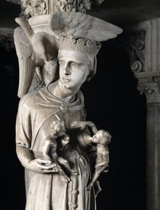 Detalj av de skulpterade grupperna som stöder stolen realiserad av Giovanni Pisano (1248-1314): Kyrkan som ger näring till sina barn (Detalj av skulpturerna som stöder marmorpredikstolen, kyrkan matar sina barn) 1302-1311 Cathedrale de Pisa (Duomo di Pis av Giovanni Pisano